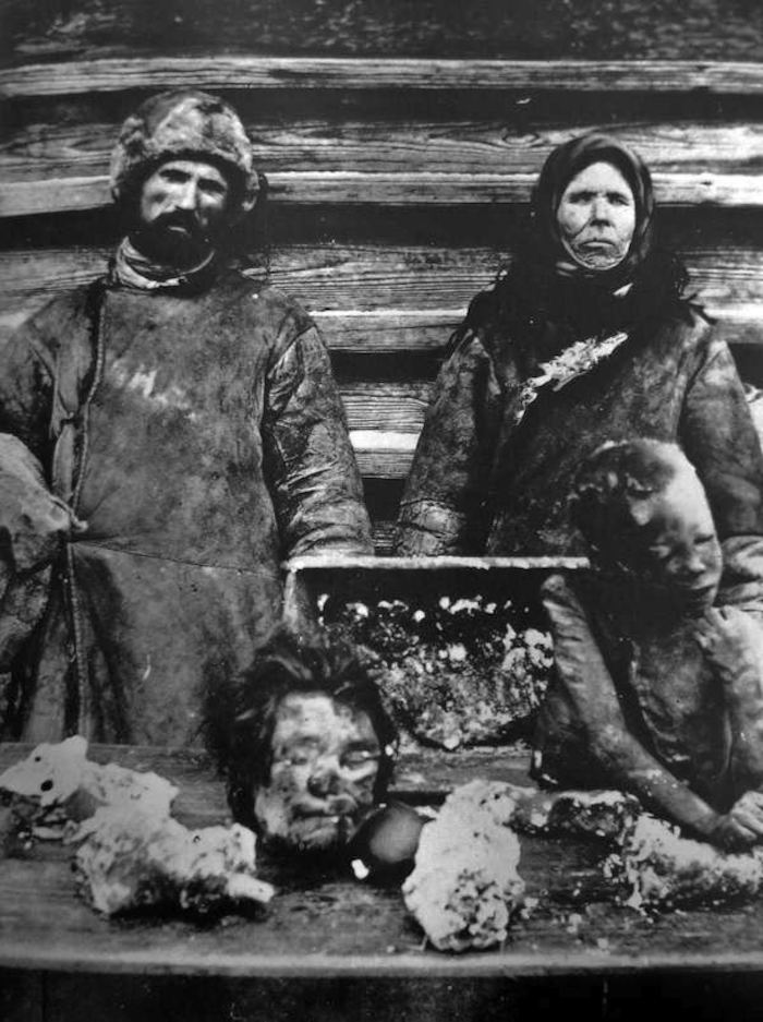 A Russian couple sell human body parts on a market. People of Russia began to eat and sell human limbs due to the food struggle during the Russian famine of 1921