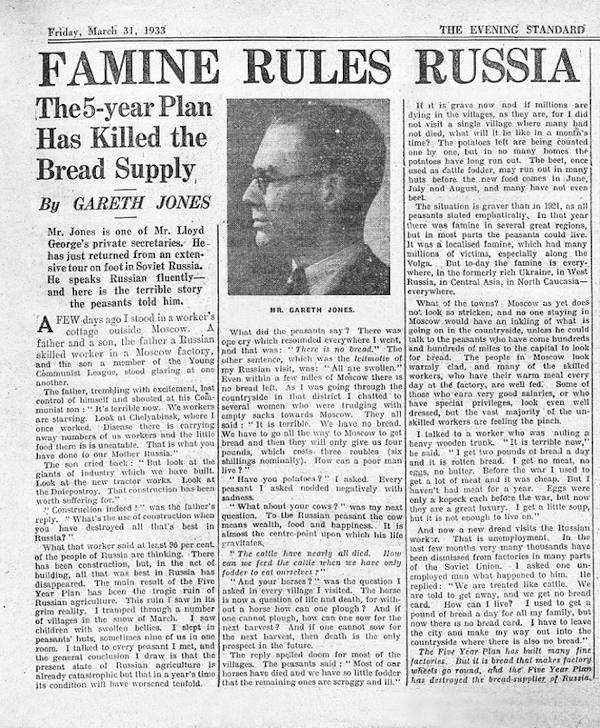 Gareth Jones reporting in a Newspaper that Five year collectivisation plan has killed Bread Supply