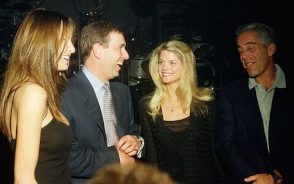 Melania Trump, Prince Andrew, Gwendolyn Beck and Jeffrey Epstein at a party at the Mar-a-Lago club, Palm Beach, Florida, February 12, 2000