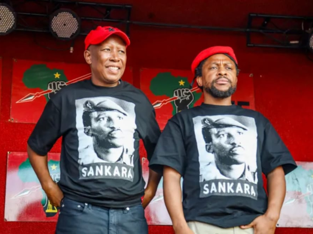 EFF leader Julius Malema and Mbuyiseni Ndlozi wearing Thomas Sankara tee-shrits