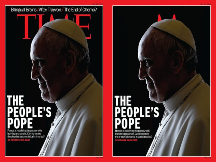 Split black and white portrait photograph of Pope Francis on the cover of Time Magazine, as the Peoples Pope